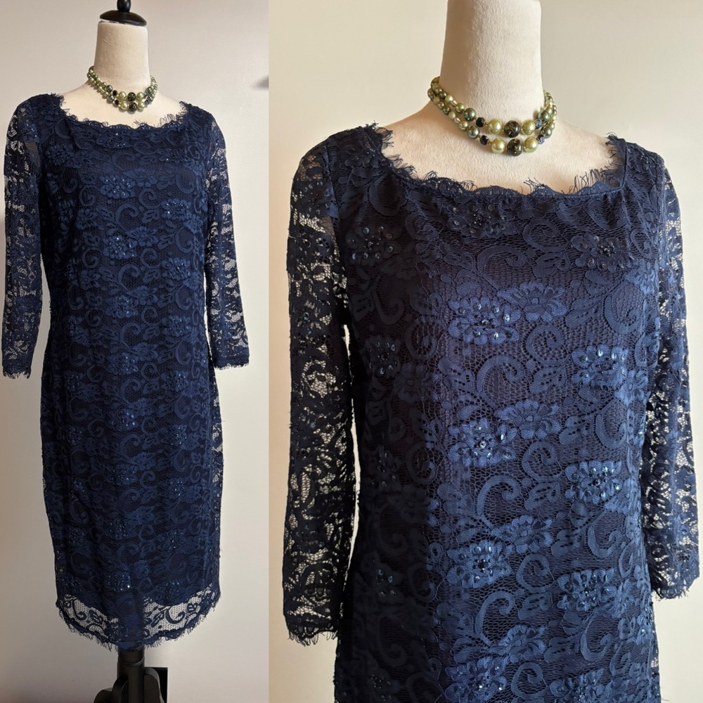 MARINA Navy Lace Long-Sleeve Sheath Dress